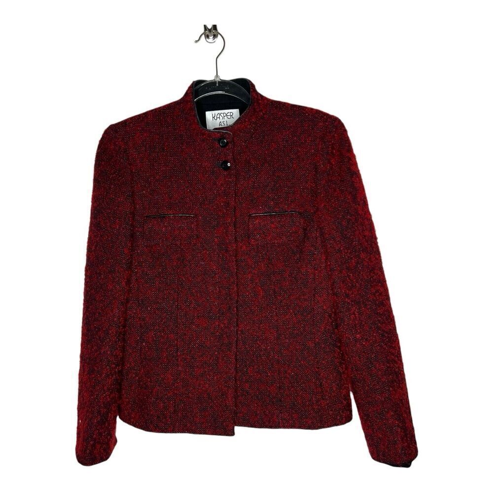 Kasper ASL Blazer Womens 4 Red Tweed Holiday Wool Mohair Blend Textured‎ Twee